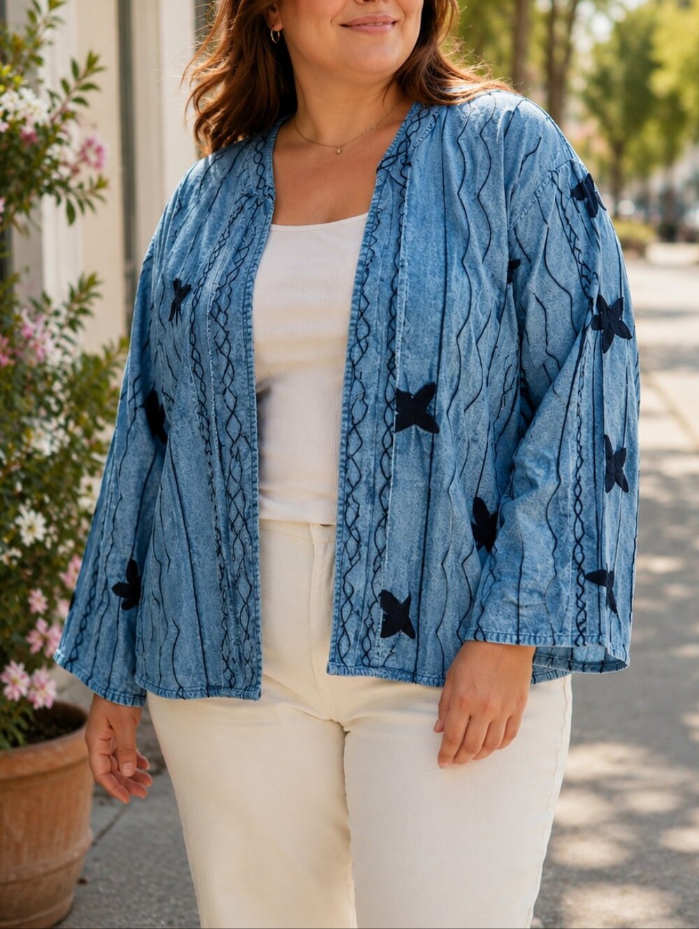 Light Blue Acid Wash Embroidered Wave Pattern Open Front Cardigan Jacket Boho